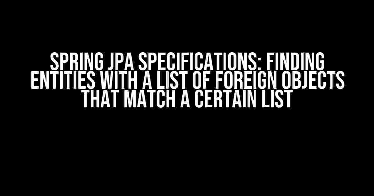 Spring JPA Specifications: Finding Entities with a List of Foreign Objects that Match a Certain List